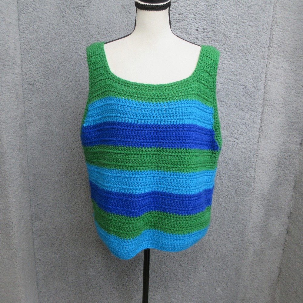 Hand Crocheted Stripe Tank Top Women XL Blue Green Y2K Boho Festival Indiesleeze